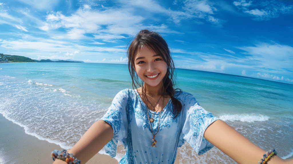 海をバックに自撮りする美女