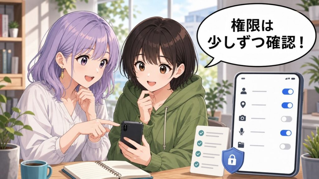 AIエージェントの権限を少しずつ確認する重要性を説明するアニメ女性2人と設定画面のアイキャッチ画像