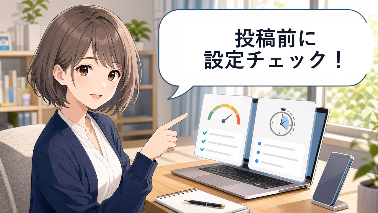 AIエージェントの投稿前設定チェックを説明する女性と管理画面のアニメ画像