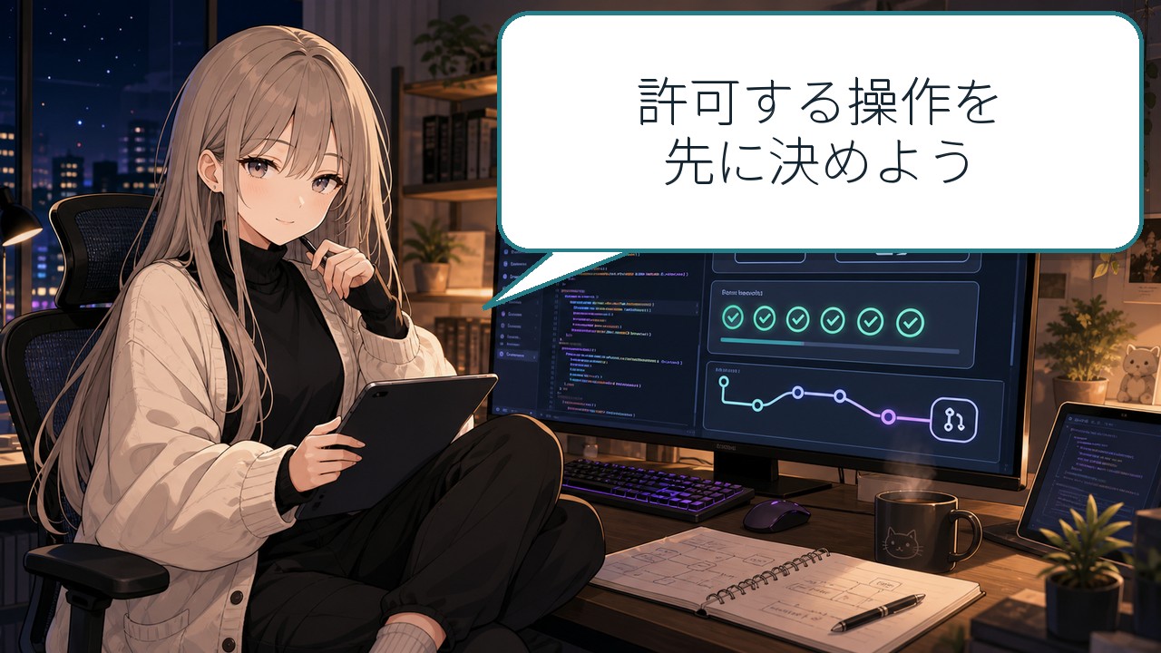 AIエージェントに許可する操作を事前に決める場面を描いたアニメ画像