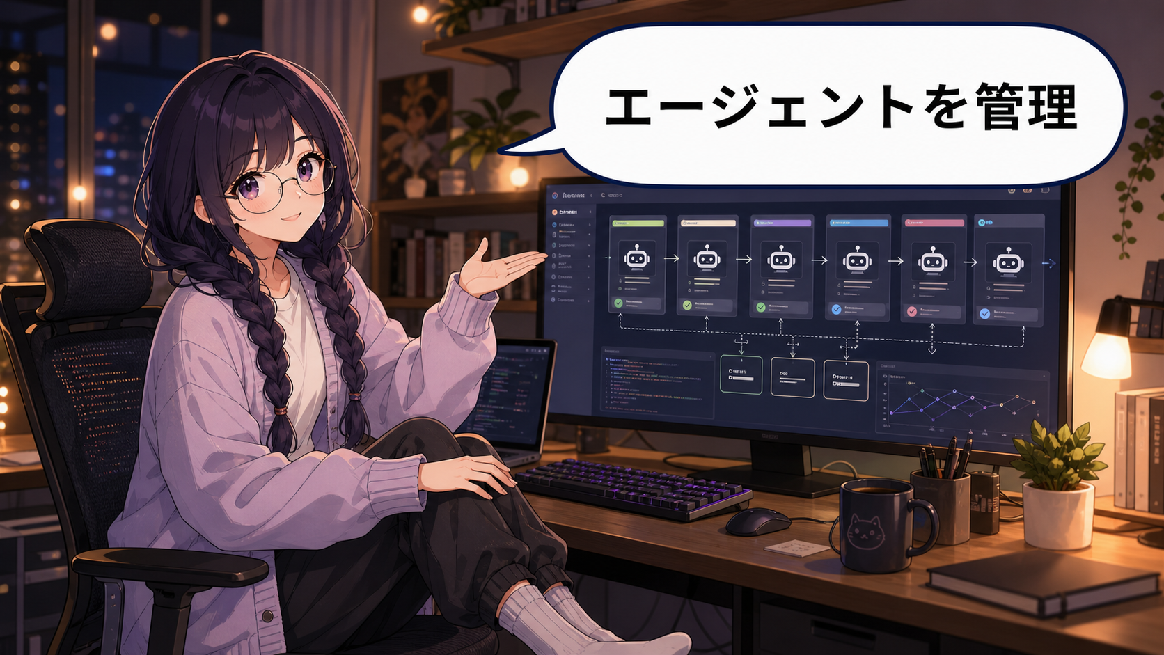 antigravity 2.0 ideで複数のAIエージェントを管理するアニメ画像