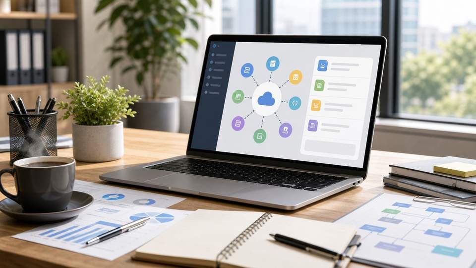 NotebookLM API連携でクラウド資料とノートブックをつなぐリアルなデスク画像