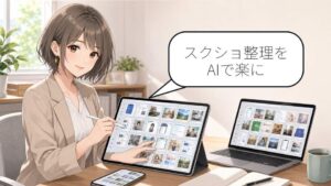 Pool AIでスクショ整理をする女性がタブレットの保存画像を確認しているアイキャッチ画像