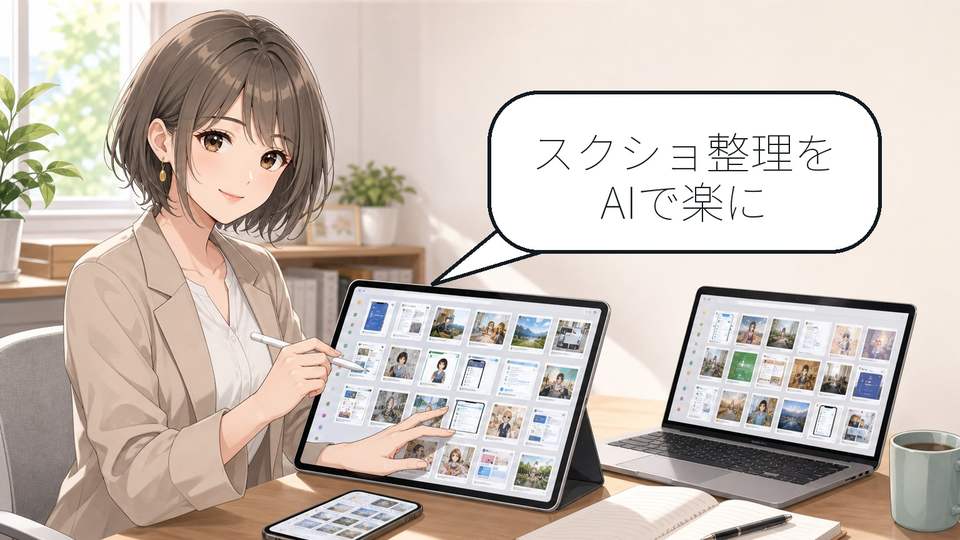 Pool AIでスクショ整理をする女性がタブレットの保存画像を確認しているアイキャッチ画像