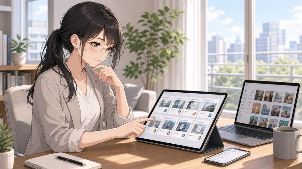 Pool AIを使う前に写真アクセス権限を確認する女性のアニメ画像