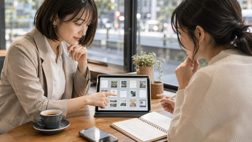 カフェでスクリーンショット整理アプリの使い分けを相談しているリアル画像