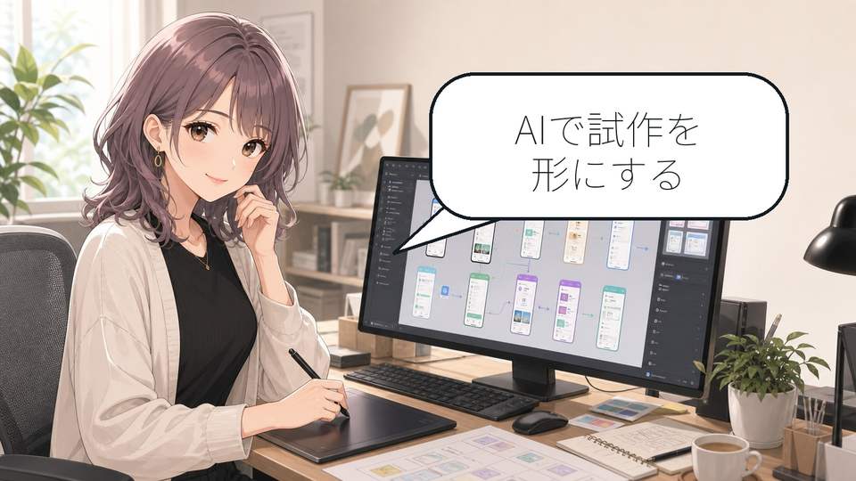 Figma Motionの使い方を確認しながらAIで試作を形にする女性のアニメアイキャッチ画像