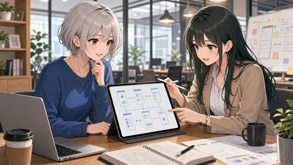 Figma Motionで作ったAI試作を二人の女性がレビューしているアニメ画像