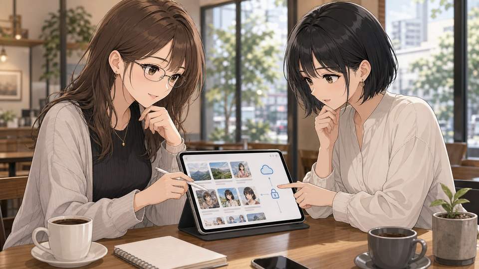 Geminiのパーソナライズ画像生成前に写真連携のプライバシーを相談するアニメ画像