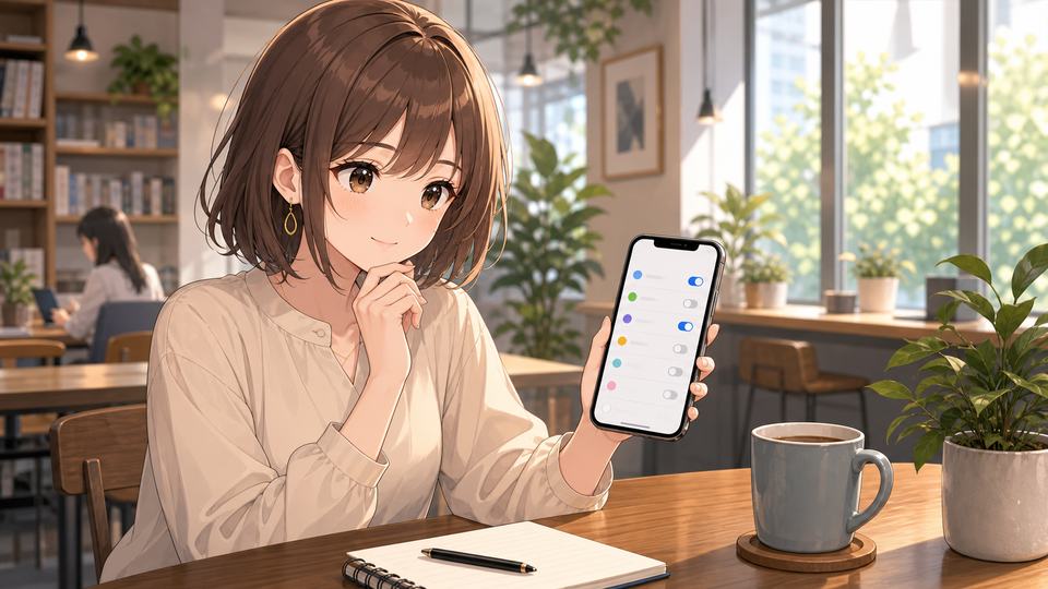 ChatGPT広告と情報利用の設定を確認する女性のアニメ画像
