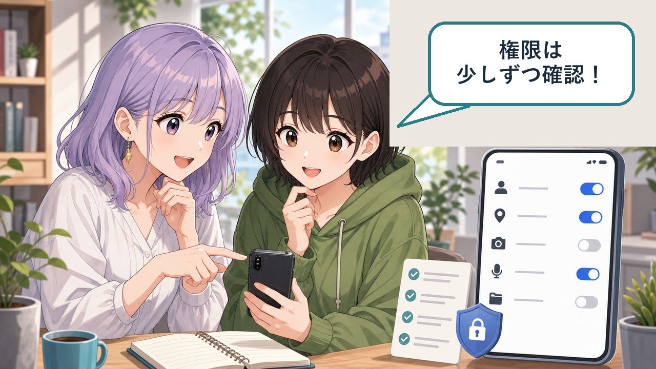 ChatGPT連携アプリ管理で権限を安全に確認する女性たちのアニメ画像