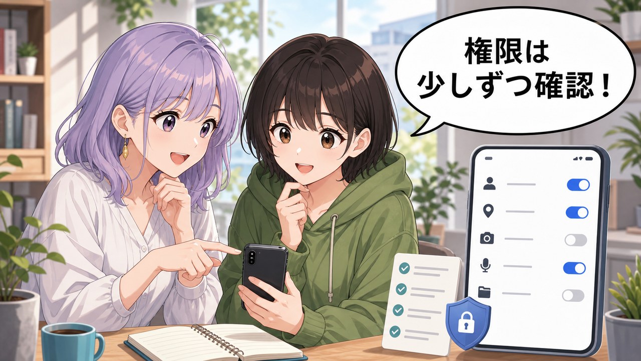 ChatGPT連携アプリ管理で権限を少しずつ確認する様子を描いたアニメ画像