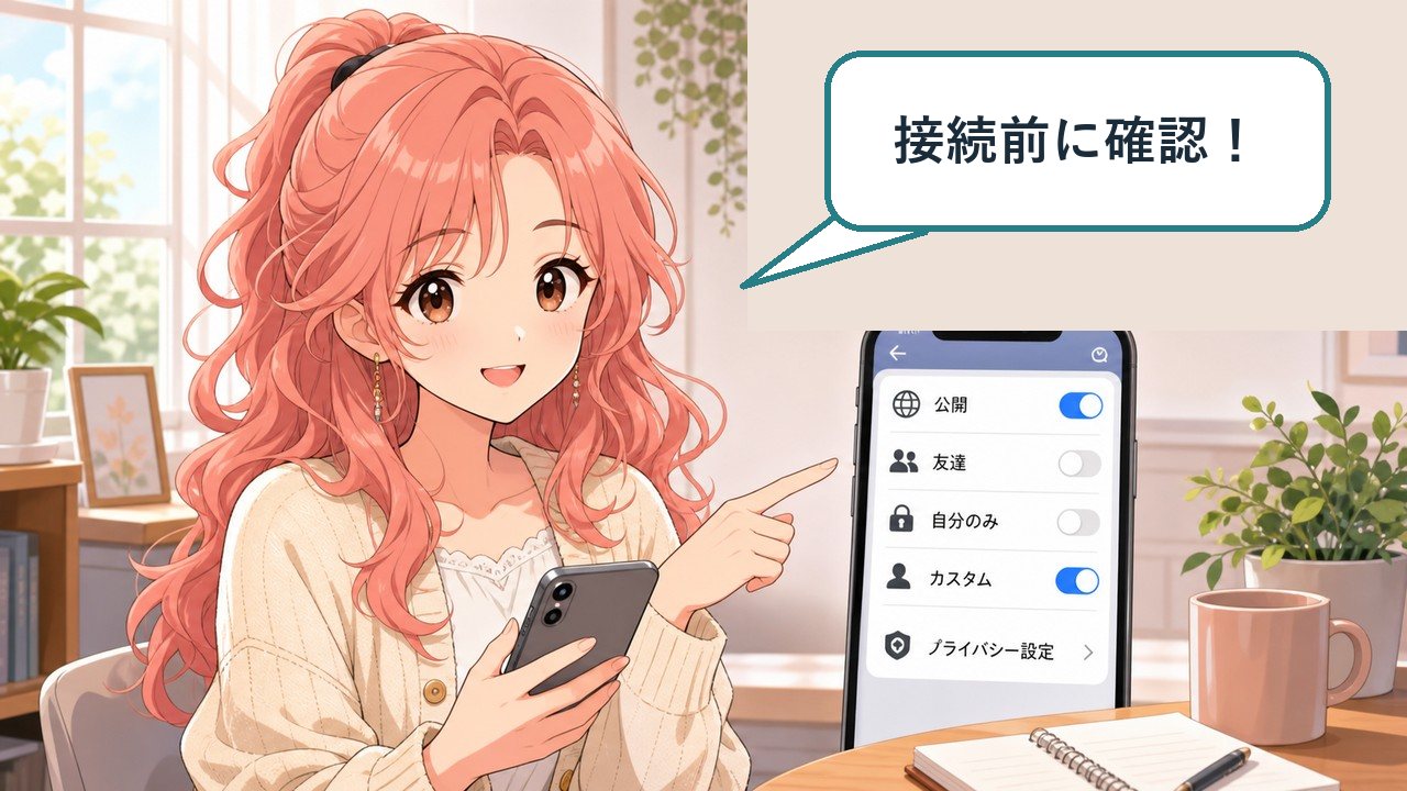 ChatGPTにアプリを接続する前に設定を確認する女性のアニメ画像