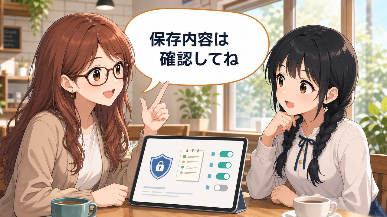 ChatGPTの保存内容を確認するアニメ女性とメモリー管理の吹き出し
