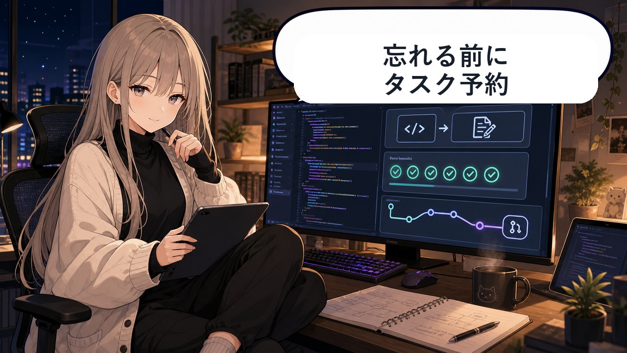 ChatGPTのタスク予約で忘れる前に予定を登録する女性のアニメ画像