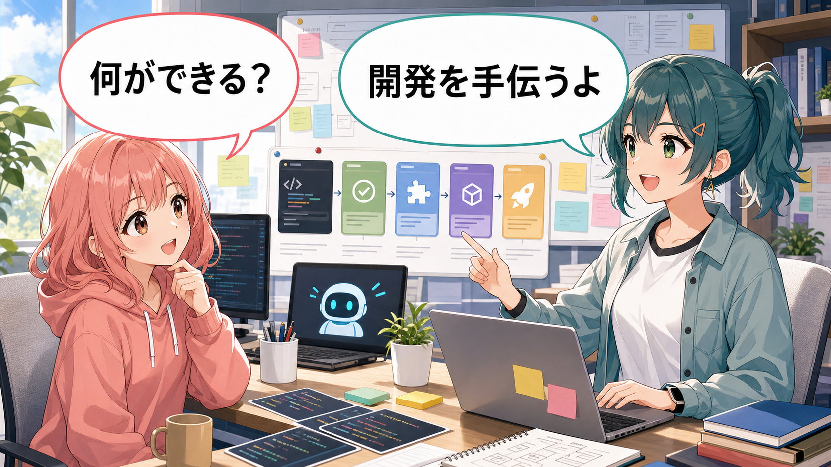 Claude Codeでできることを二人のアニメ女性が会話しながら説明している画像
