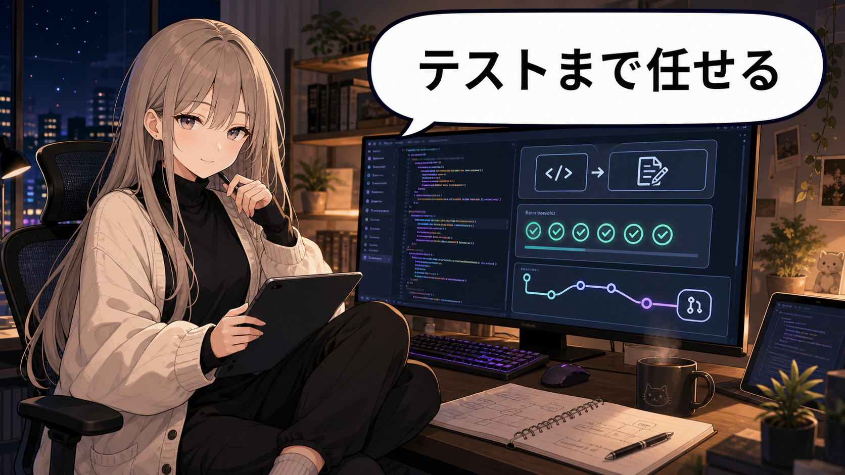 Claude Codeにテストと修正を任せるイメージのアニメ女性と開発画面の画像