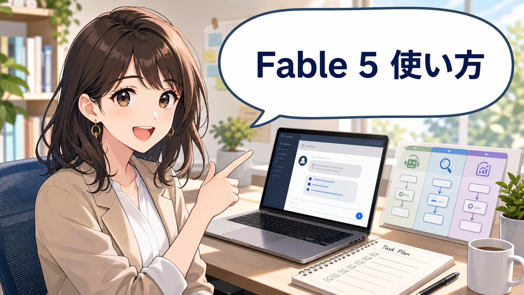 Claude Fable 5の使い方を説明するアニメ調アイキャッチ画像