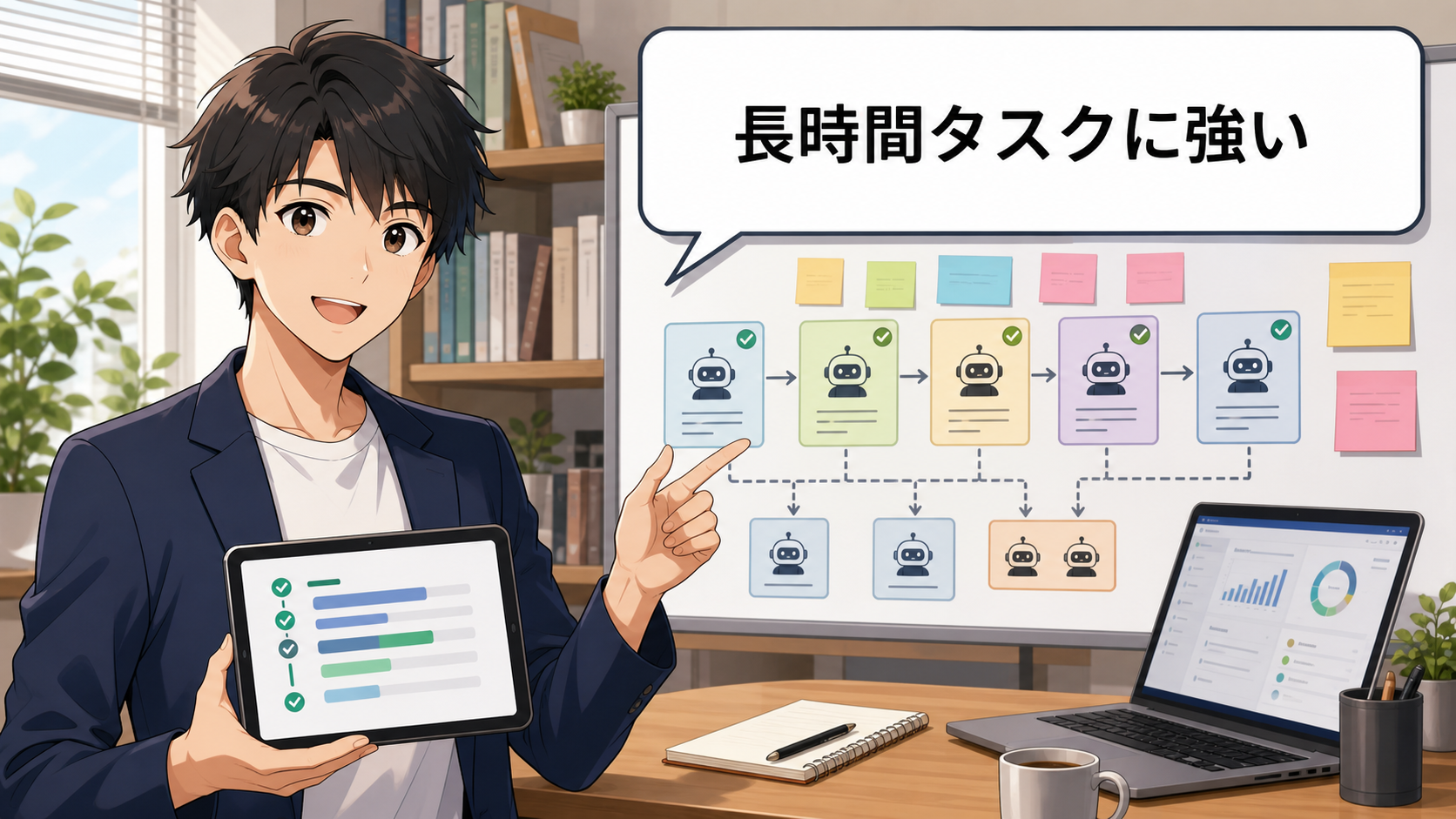 Claude Fable 5が長時間のAIエージェント作業に向いていることを示すアニメ画像