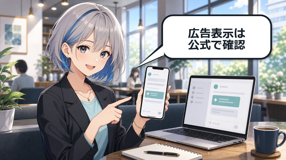 ChatGPT広告の表示を公式情報で確認する女性のアニメ画像