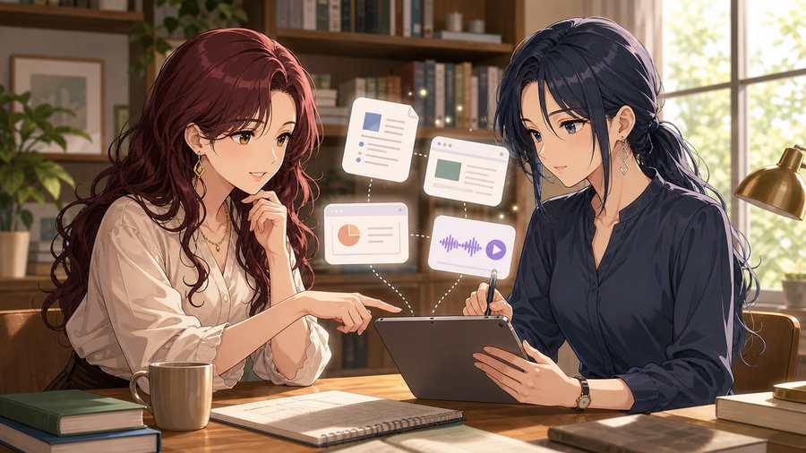 NotebookLM API連携の資料管理を相談する二人のアニメ女性の画像