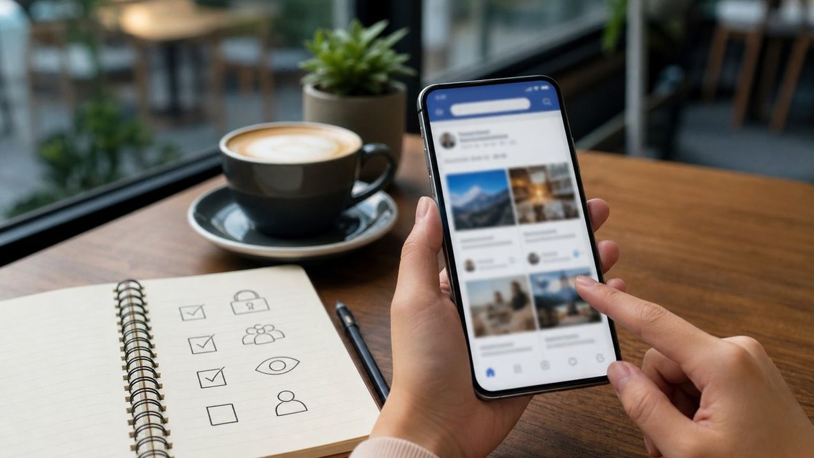 Facebookの公開投稿とAI検索の関係をスマートフォンで確認するリアルなイメージ