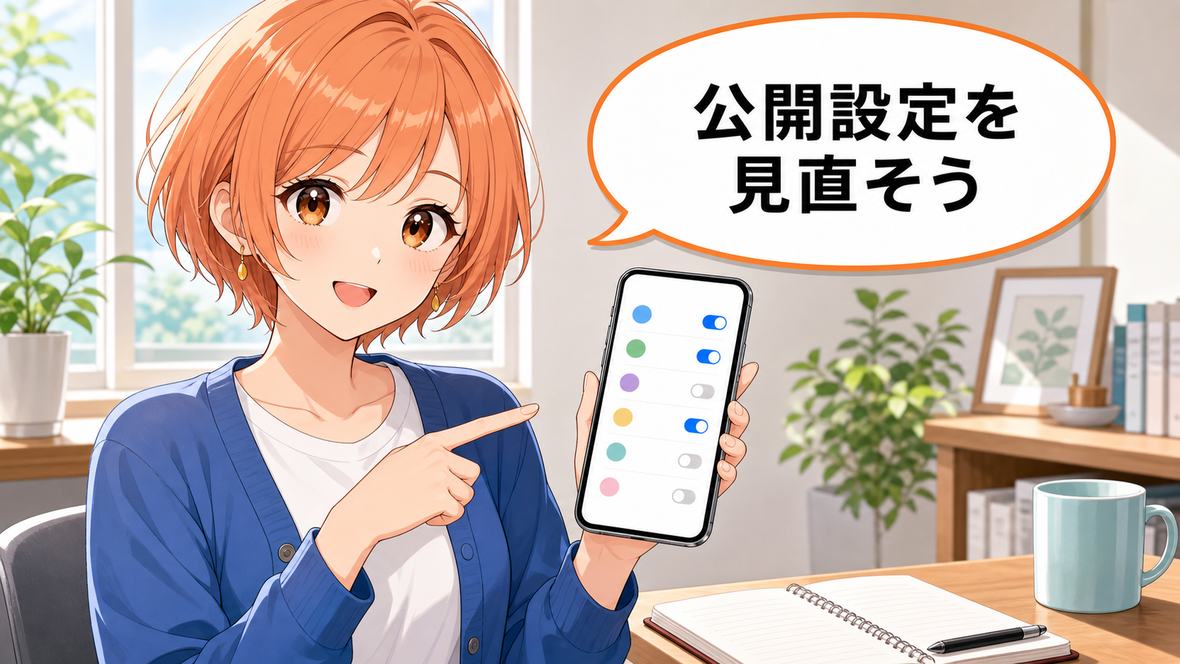 SNS投稿をAIで編集する前にプライバシー設定を確認するアニメ調の女性