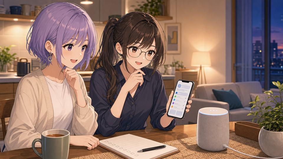 Google Home Speakerの設定前に確認する二人の女性とスマートスピーカーのアニメ画像