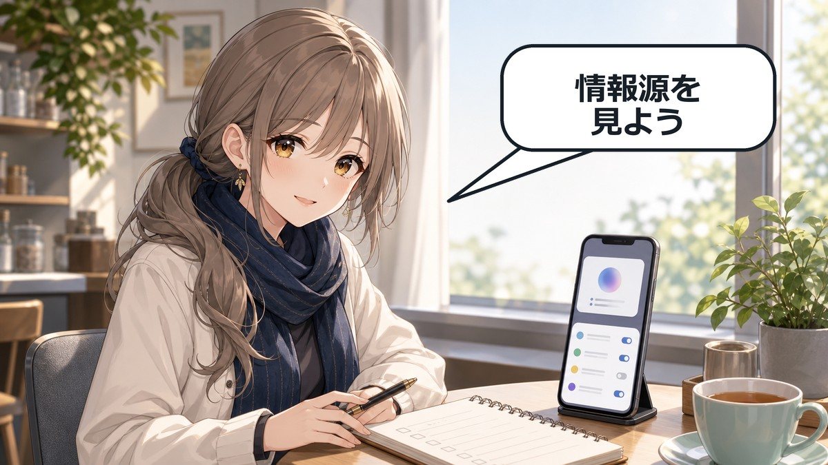 Gemini Daily Briefの情報源を確認する女性のアニメ画像