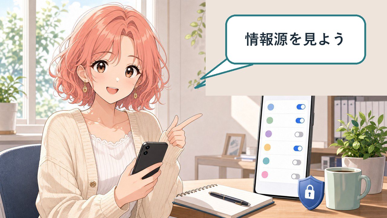Gemini Daily Briefの情報源を確認する女性のアニメ画像