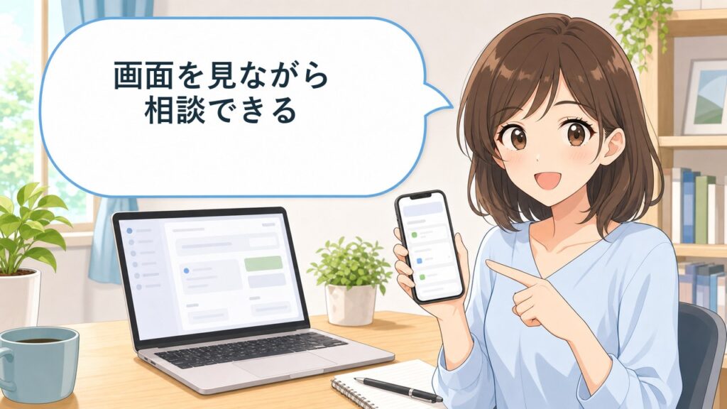 Gemini Live画面共有でスマホ画面を見ながら相談できることを説明する女性のアニメ画像