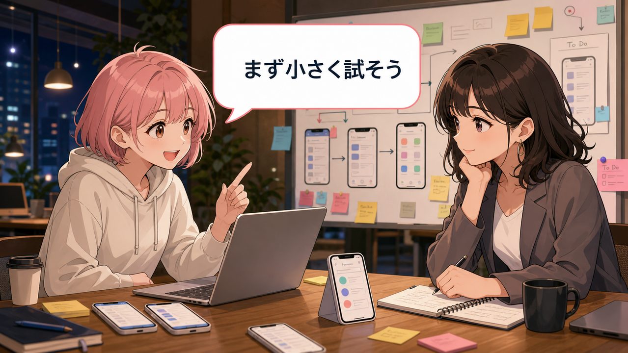 Google AI Studioで小さく試す手順を説明するアニメ女性と試作の吹き出し