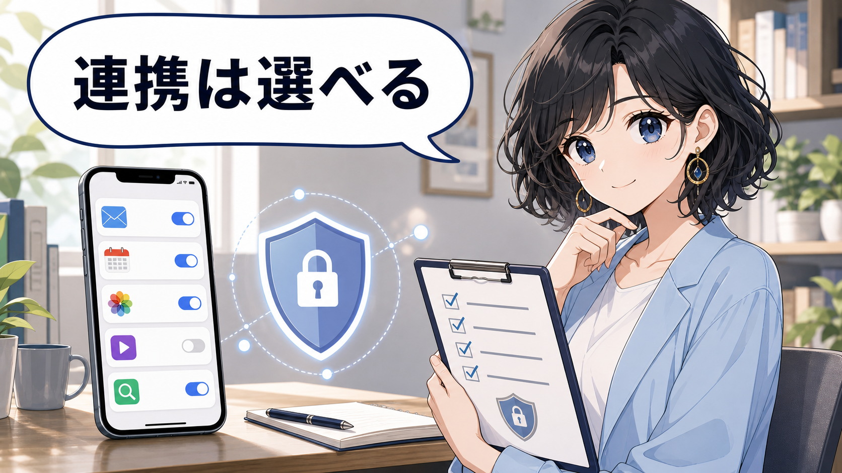 Google Dreambeansで連携するアプリを選びプライバシー設定を確認するアニメ女性の画像