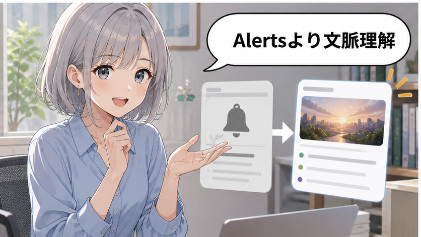 Google情報エージェントとGoogle Alertsの違いを説明するアニメ女性の画像