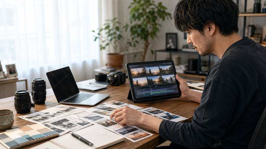 Higgsfield AIのCinema StudioでカメラワークとAI動画のショットを調整する制作デスクのリアル画像