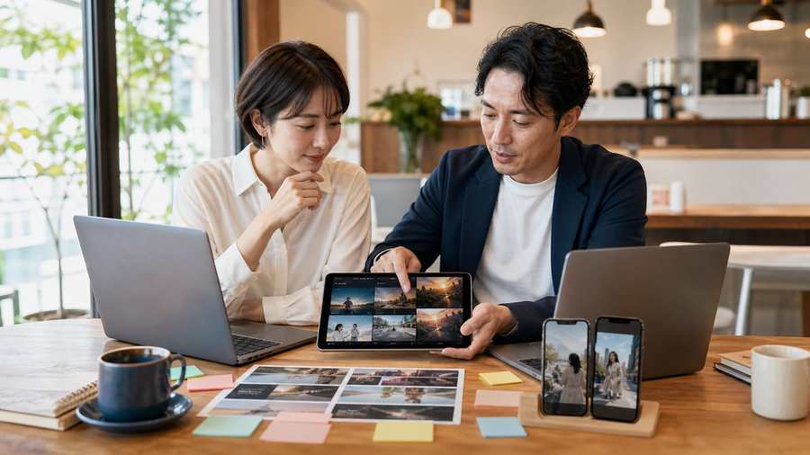 Higgsfield AIでAI広告動画とSNS向け映像の方向性を相談するリアルな制作チーム画像