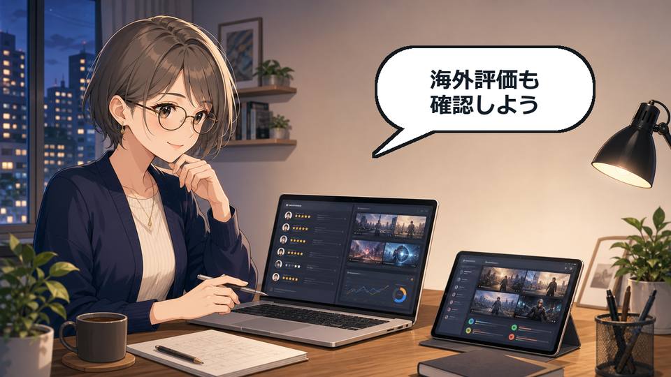 Higgsfield AIの海外評価を確認しながらAI動画制作を検討するアニメ女性の画像
