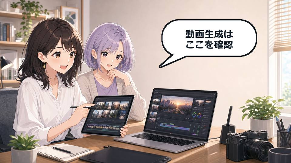 Higgsfield AIの動画生成で確認すべきポイントを2人のアニメ女性が制作デスクで見ているアイキャッチ画像