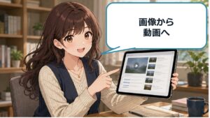 Midjourney動画の使い方を案内するアニメ女性と制作画面のアイキャッチ画像