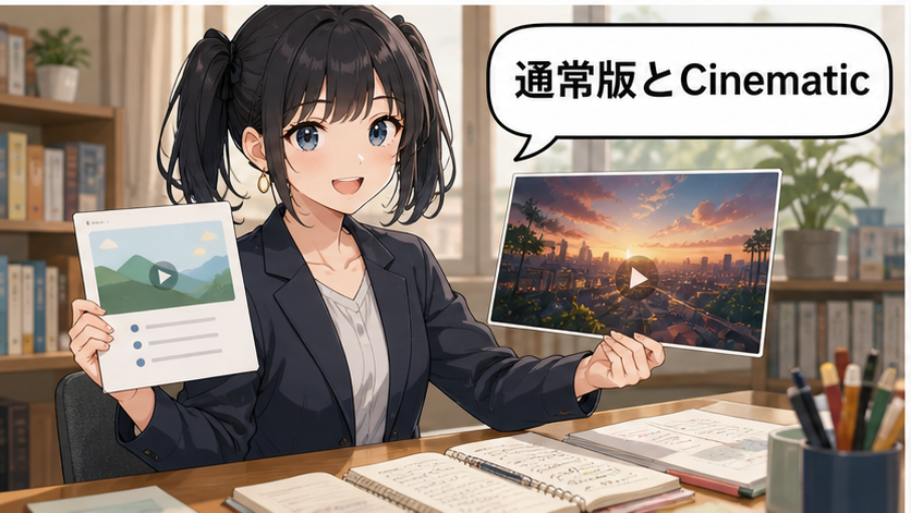 NotebookLMの通常動画概要とCinematicの違いを説明するアニメ女性の画像