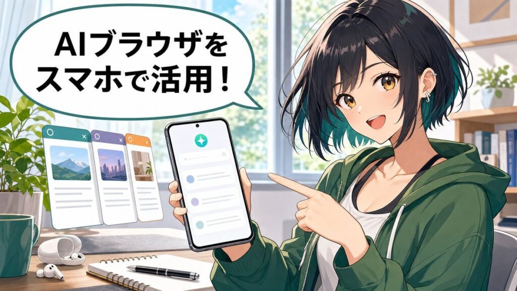 Perplexity Comet Androidの使い方を案内するアニメ調の女性とスマートフォン