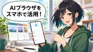 Perplexity Comet Androidの使い方を案内するアニメ調の女性とスマートフォン