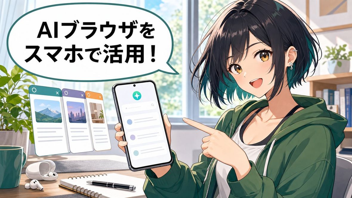 Perplexity Comet Androidの使い方を案内するアニメ調の女性とスマートフォン