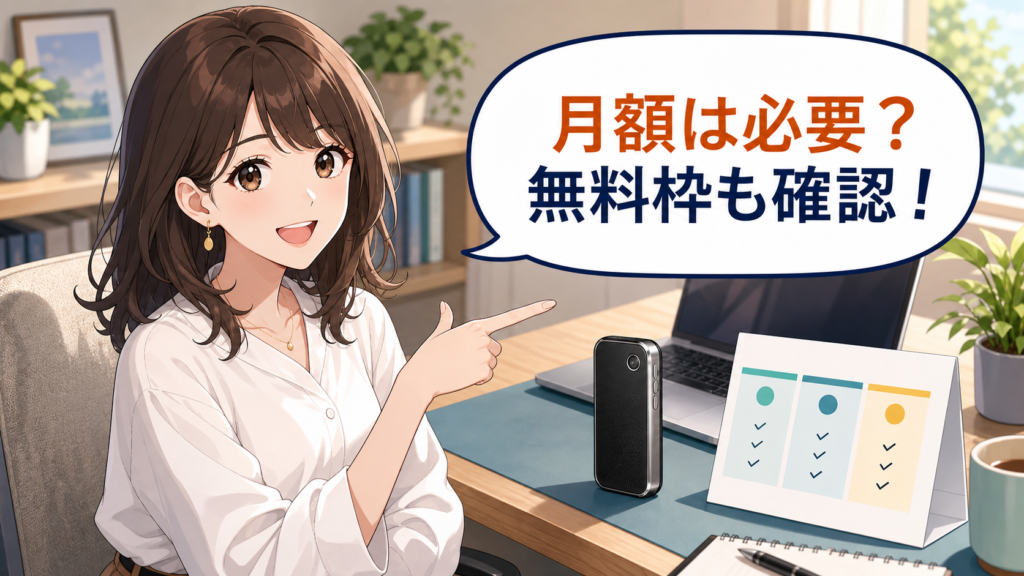 PLAUD NOTE AIボイスレコーダーの月額料金と無料枠を確認するアニメ調アイキャッチ画像