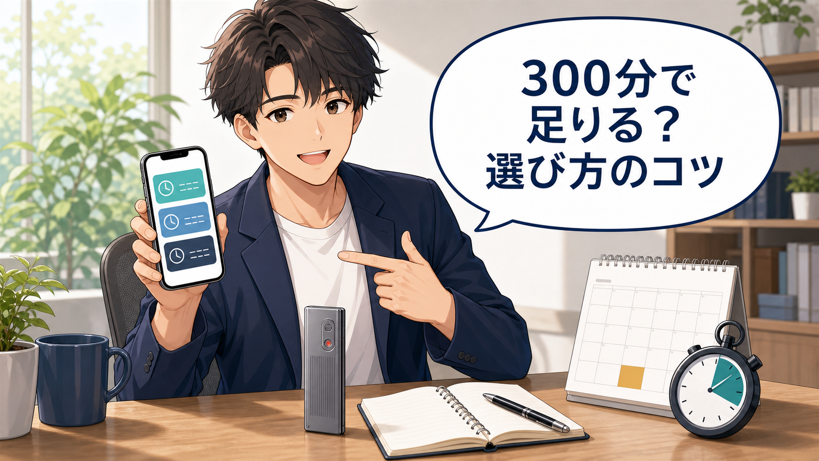 PLAUD NOTEの300分無料枠と月額プランの選び方を説明するアニメ調画像