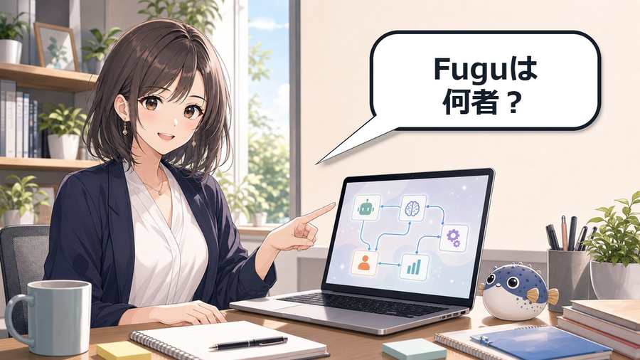 Sakana FuguのマルチエージェントAIを説明するアニメ女性とフグ型マスコットのアイキャッチ画像