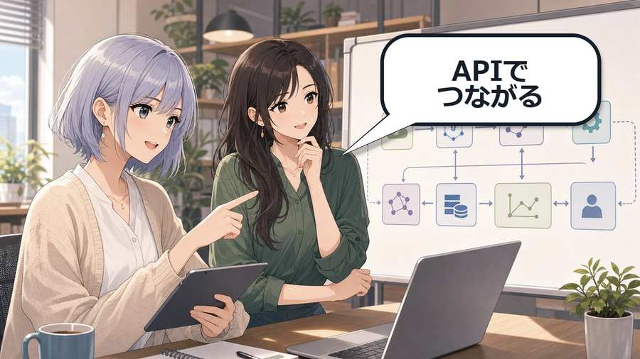 Sakana FuguをAPIで連携して使う流れを相談する二人のアニメ女性の画像