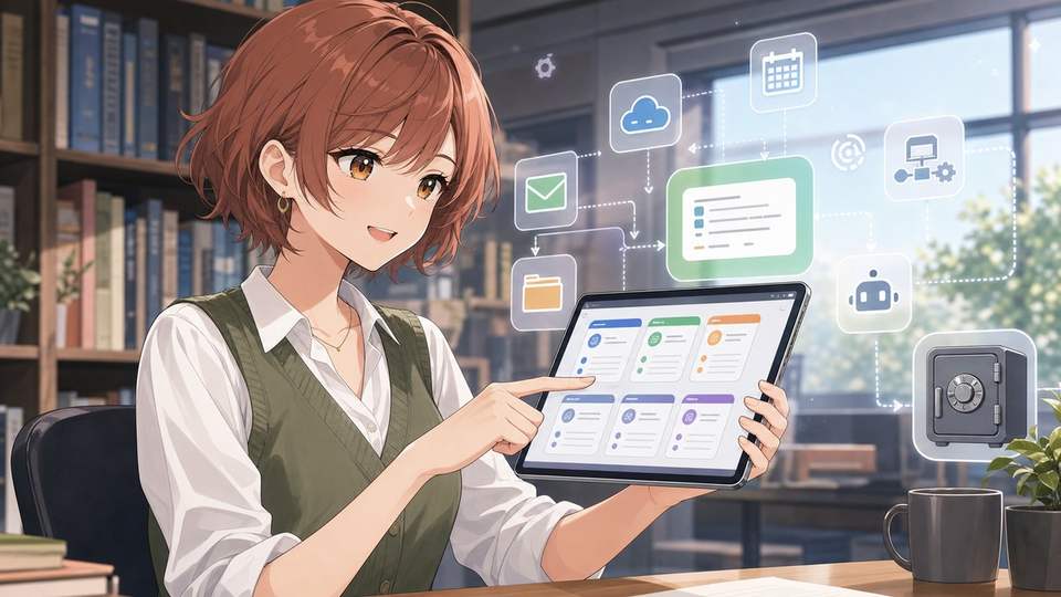 Perplexity ComputerでAIエージェントのタスクカードを確認するアニメ女性の画像