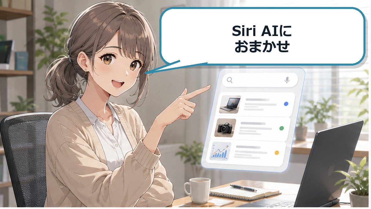 Siri AIの使い方を案内するアニメ女性とスマホのアイキャッチ画像