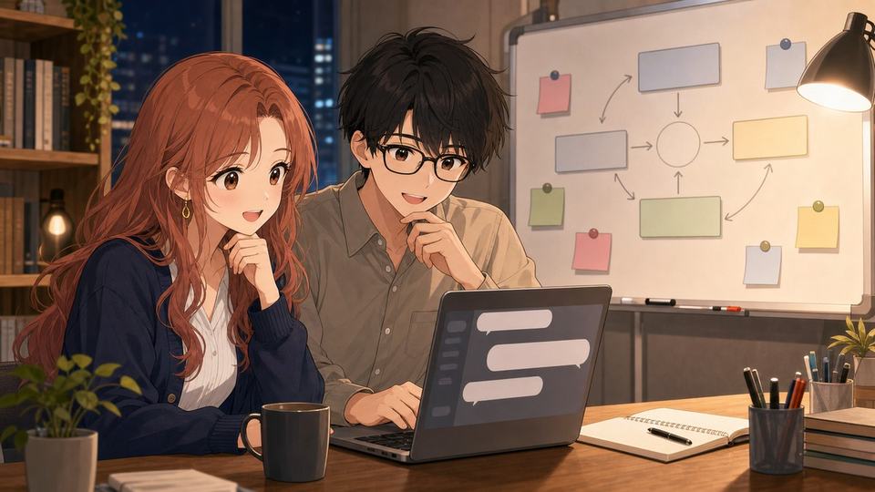 Claude TagをSlackのチーム会話で使う相談風景を描いたアニメ画像